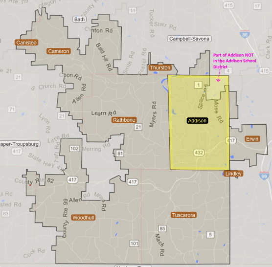 Town of Addison overlayed on Addison School District Boundry